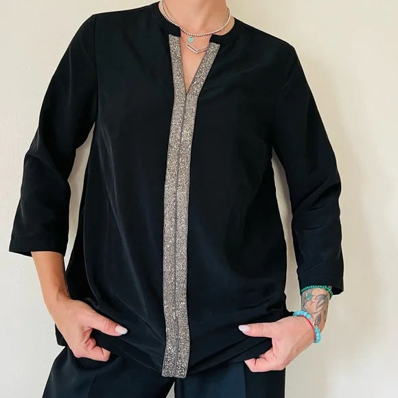 New Vision 155 black beaded v neck blouse top - Picture 3 of 6
